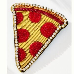NWT 🍕 Anthropologie Large Beaded Icon Red & Gold Pizza Brooch
